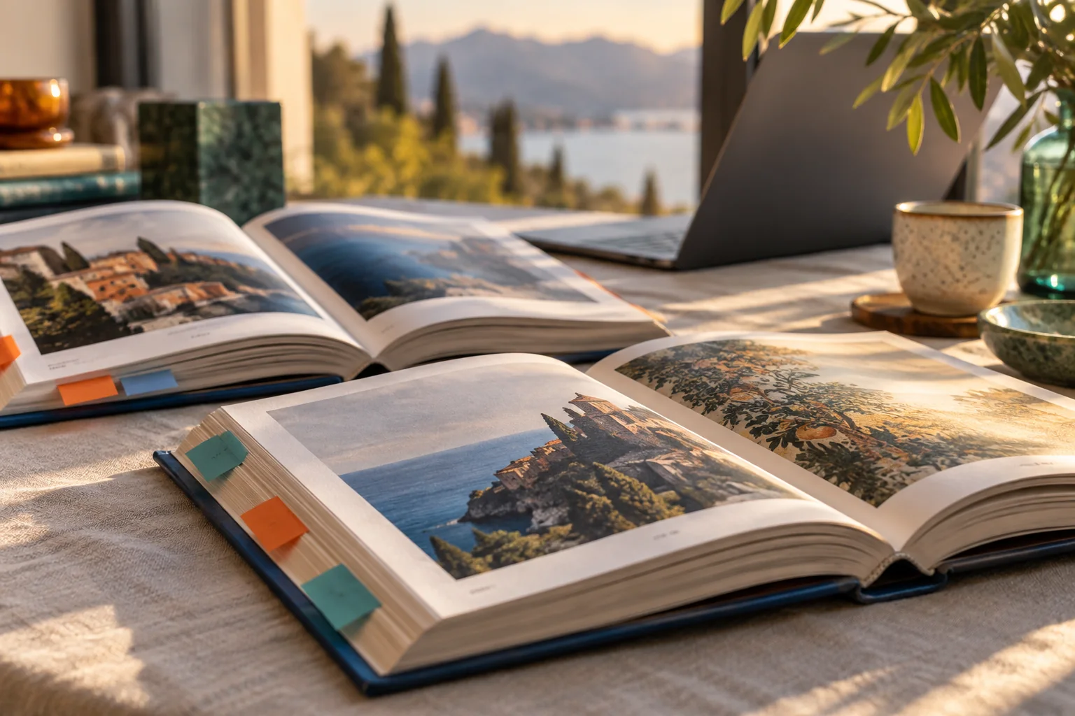Books with colorful page tabs beside a laptop
