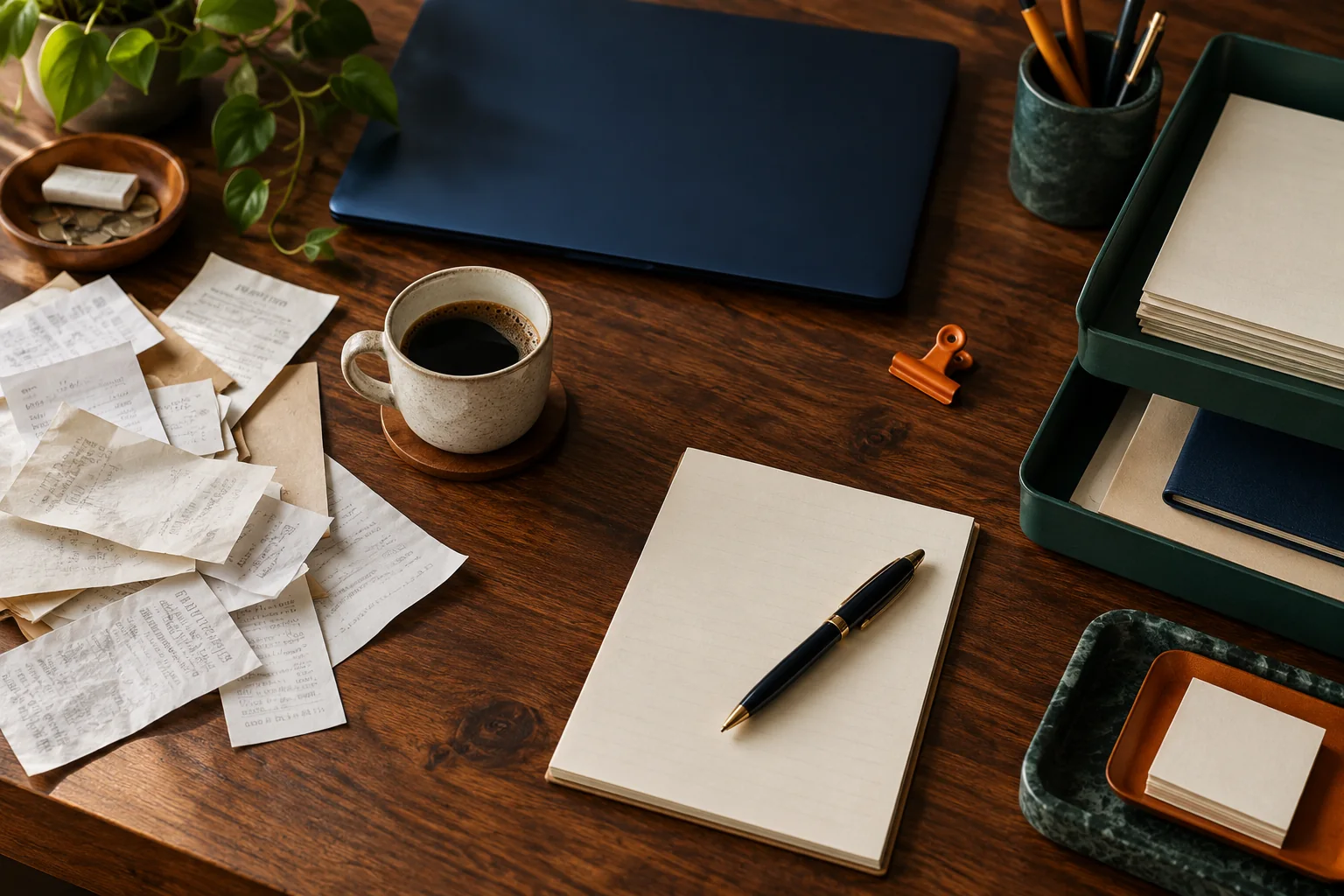 Documents being sorted beside a laptop