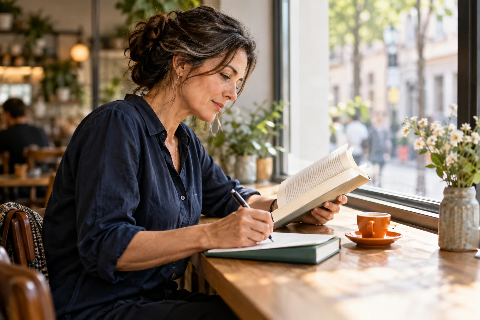 A reader writing practical notes from a book