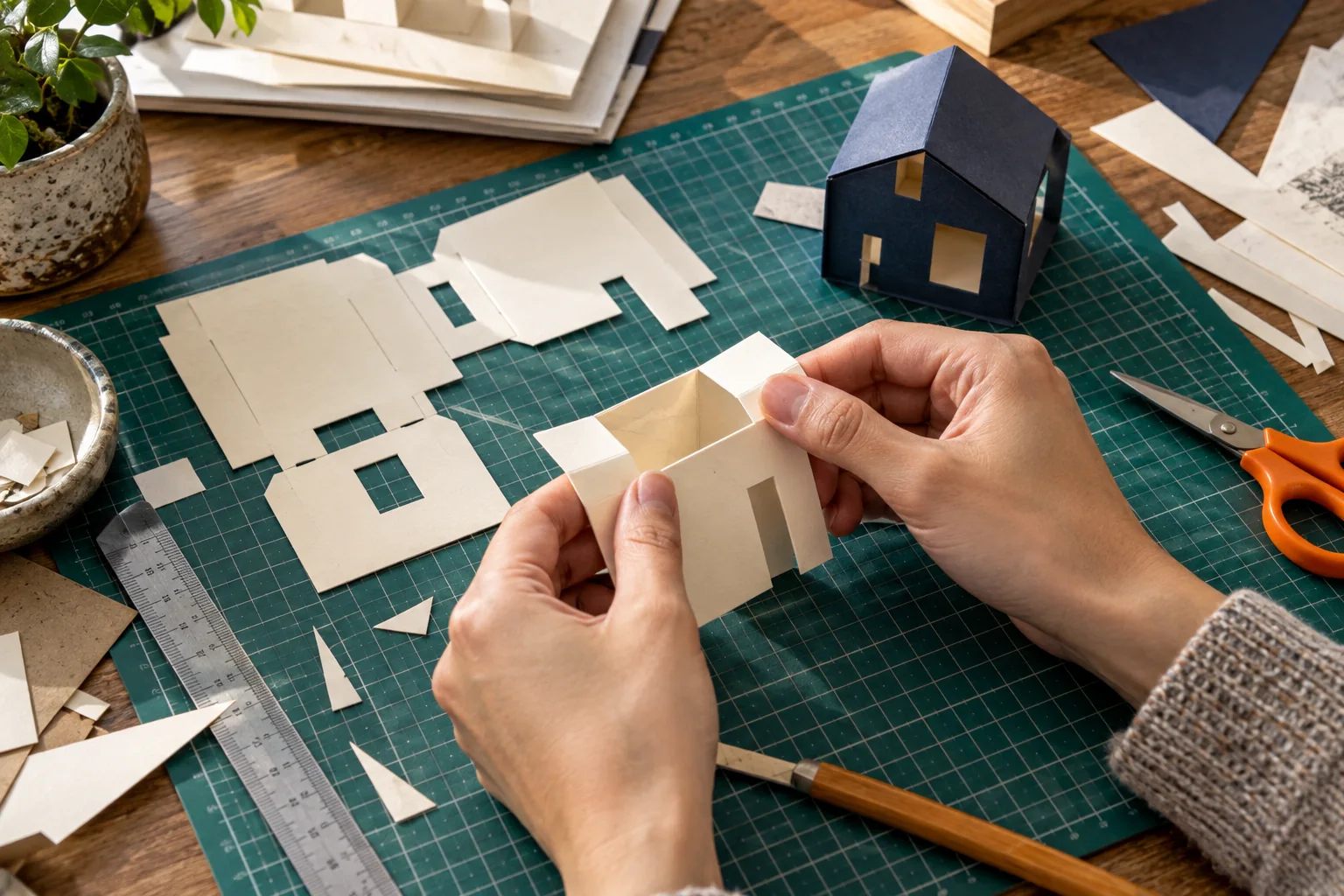 Hands constructing a small paper prototype
