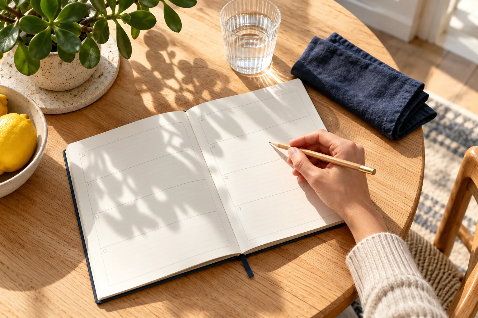 A weekly planner on a sunlit table